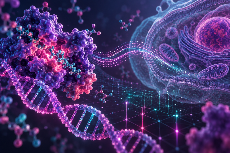 Protein, DNA, and cellular structures connected by luminous computational data pathways
